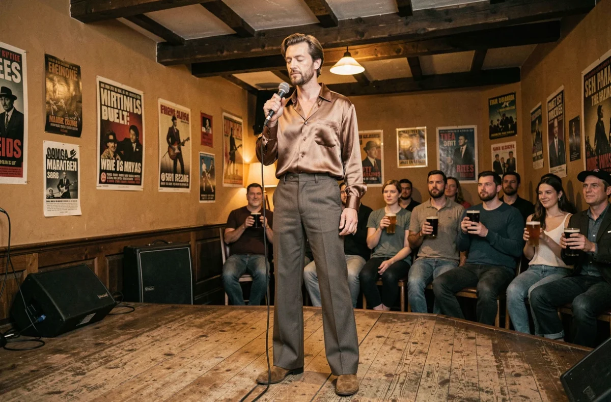 Chanteur anglais des années 70 en concert dans un pub britannique vintage devant un petit public authentique