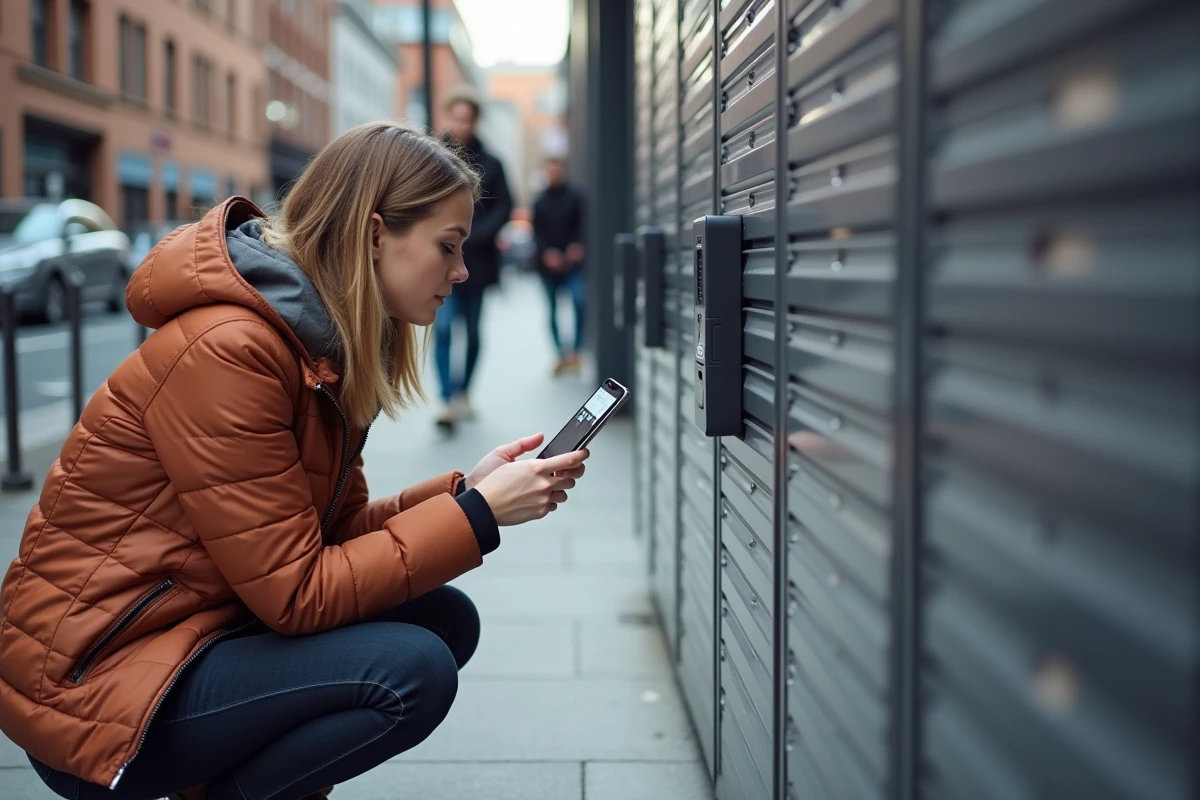 Jeune femme récupérant un colis dans une consigne automatique Vinted Go en milieu urbain avec son smartphone
