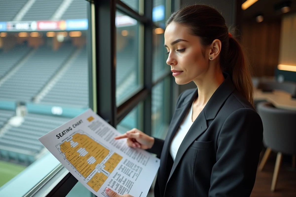 Femme consultant un plan de salle de Bercy mettant en évidence les zones VIP et catégories de places premium