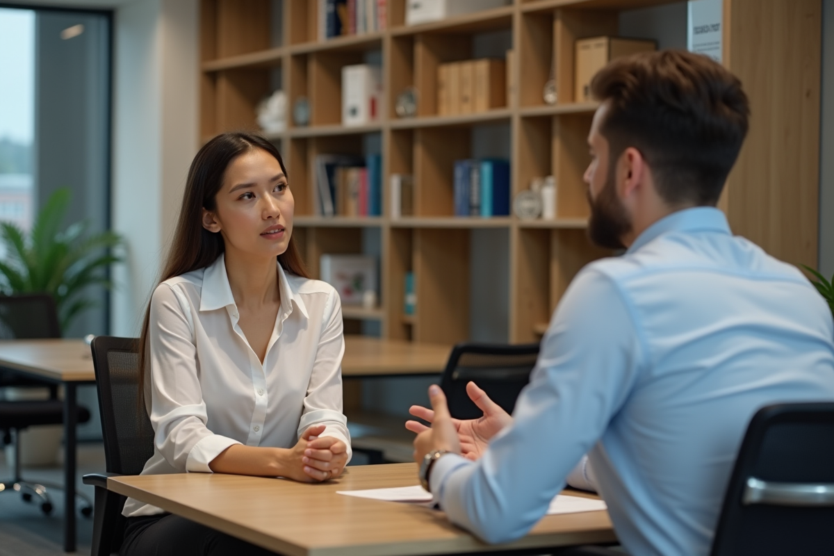 Femme sceptique en réunion au bureau moderne
