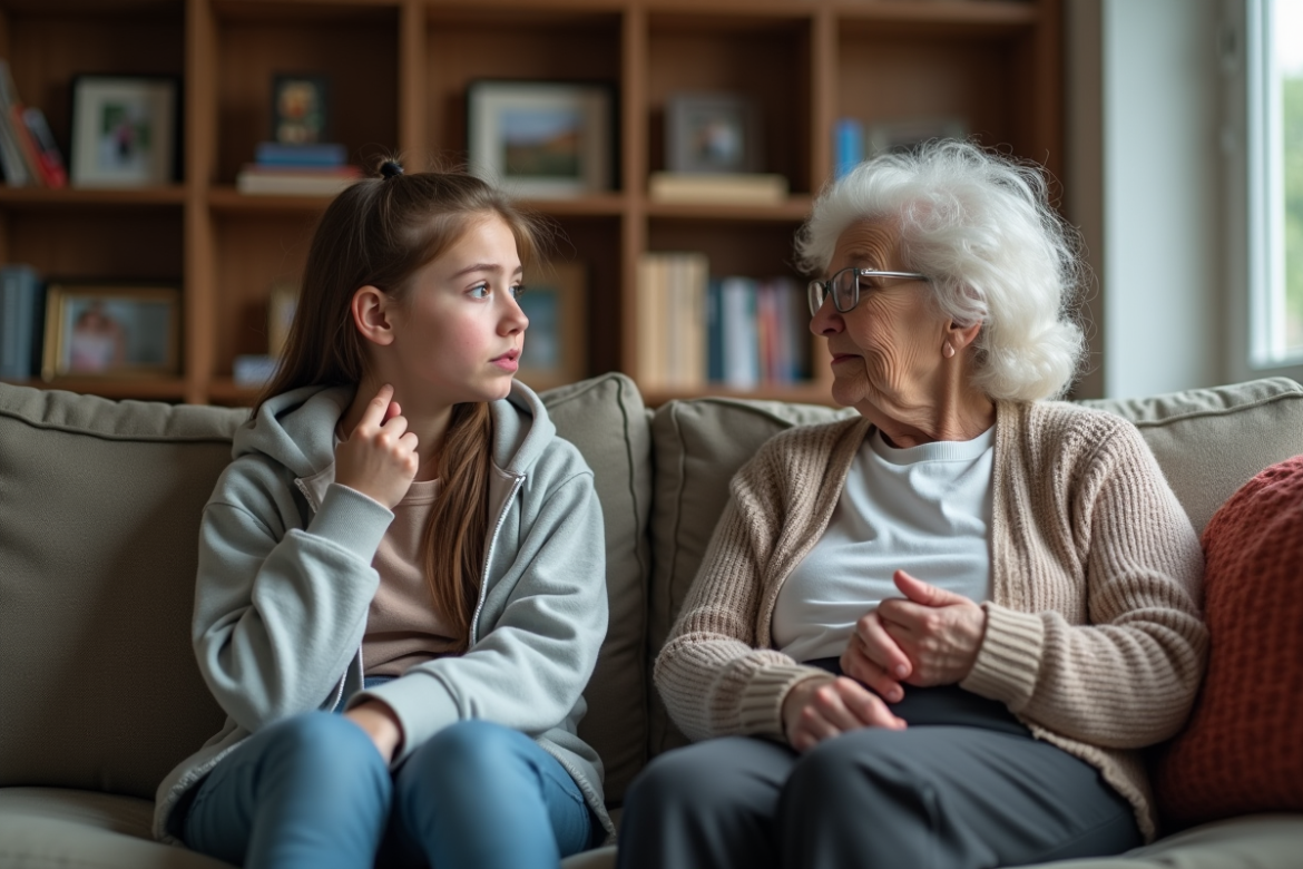 Jeune fille et grand-mère en discussion dans un salon