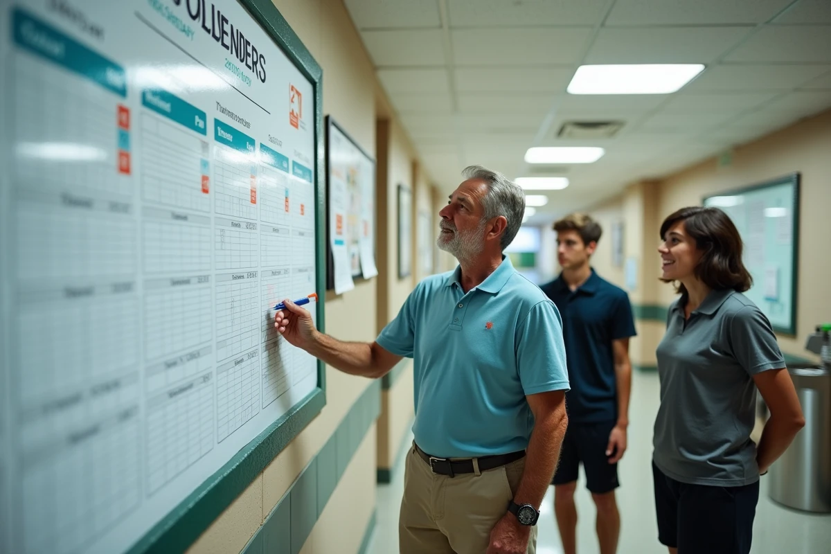Coordinateur sportif présentant un calendrier visuel de semaine paire à des participants dans un centre de loisirs municipal