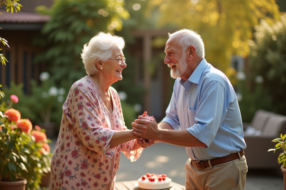 Couple d'anciens souriant lors de leur anniversaire dans un jardin