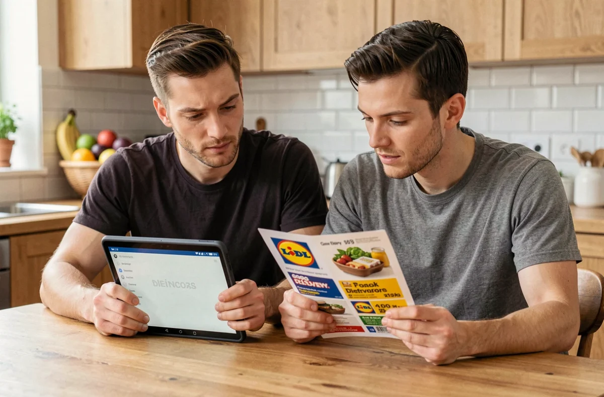 Couple comparant les prix d'une application de livraison de courses et d'un prospectus Lidl dans une cuisine moderne