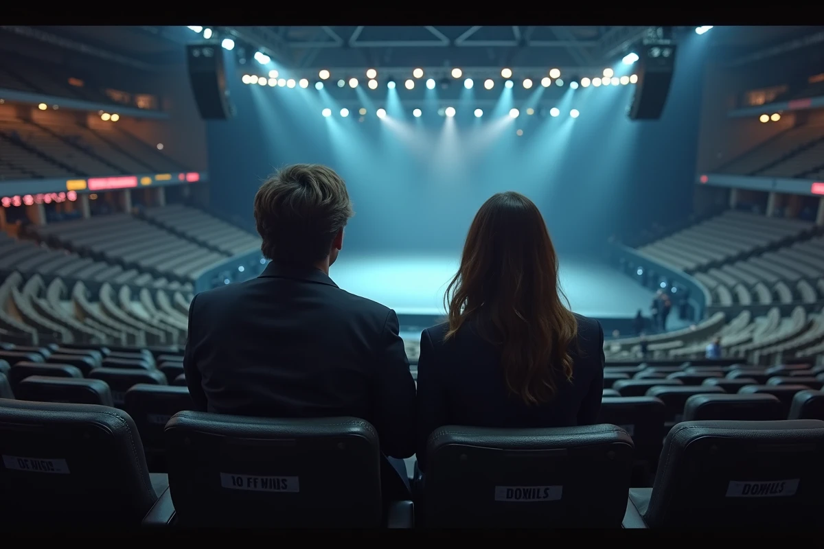 Couple assis dans des places VIP au premier rang d'une grande salle de spectacle de type Bercy avec vue directe sur la scène