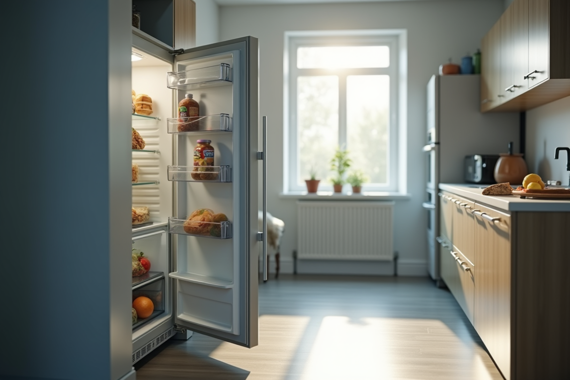 Cuisine avec un congélateur ouvert laissant fondre la glace