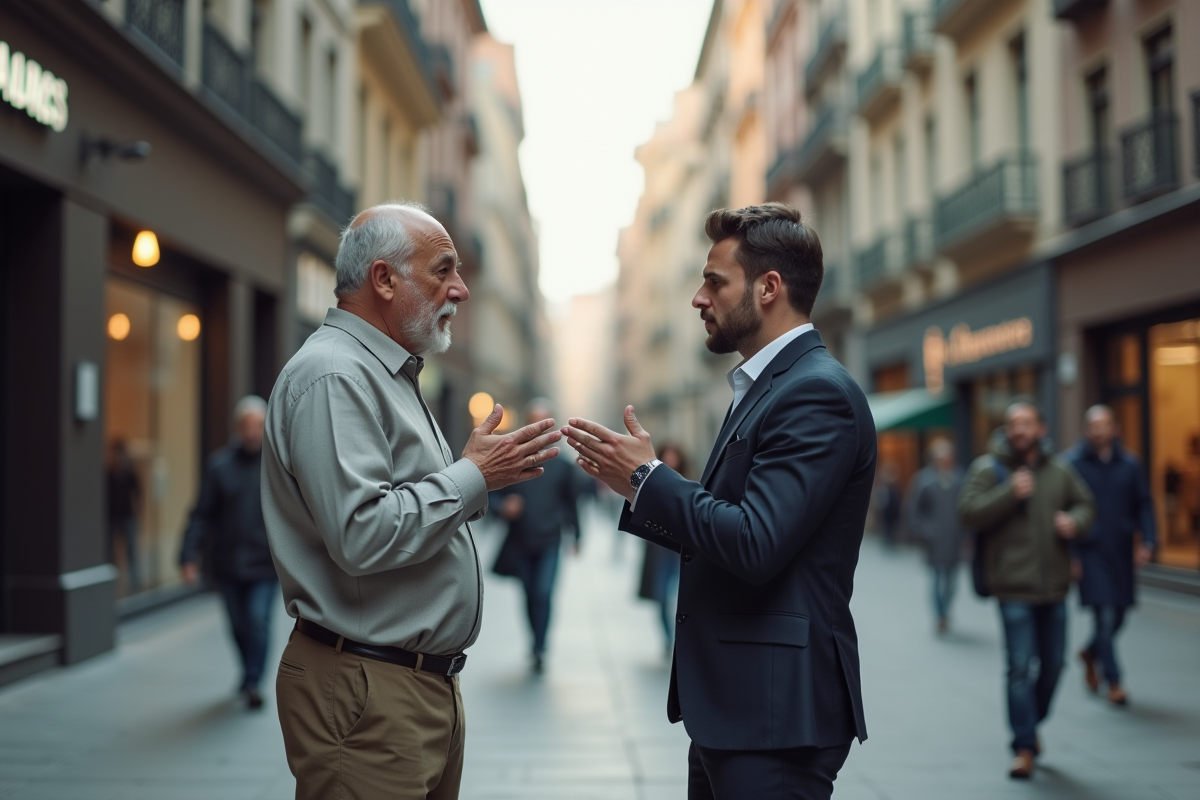 Jeune homme et homme plus âgé en débat en ville