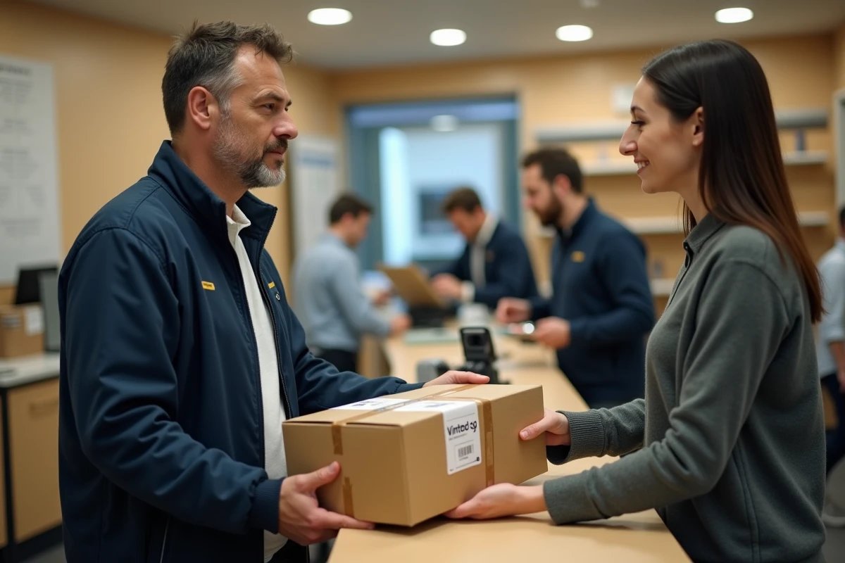 Homme déposant un colis Vinted Go au comptoir d'un bureau de poste avec étiquette d'expédition visible