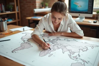 Designer travaillant sur une carte du monde vierge au format vectoriel imprimée en grand format sur un bureau de studio créatif
