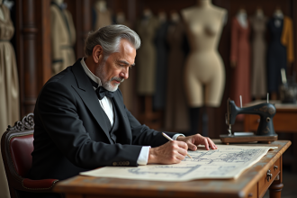 Designer mode historique en atelier avec tissus et mannequins