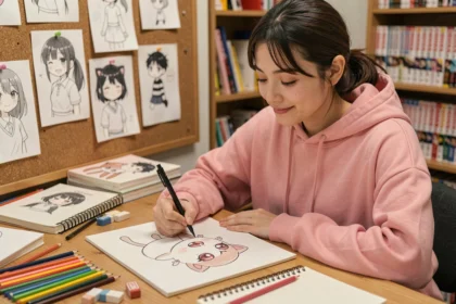 Jeune femme dessinant un Mew chibi au stylo fin dans un studio créatif fait maison entouré de crayons de couleur et de carnets de croquis