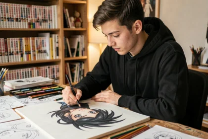 Jeune artiste dessinant un personnage anime aux traits sombres inspiré de Ulquiorra Schiffer de Bleach, vue en plan 3/4