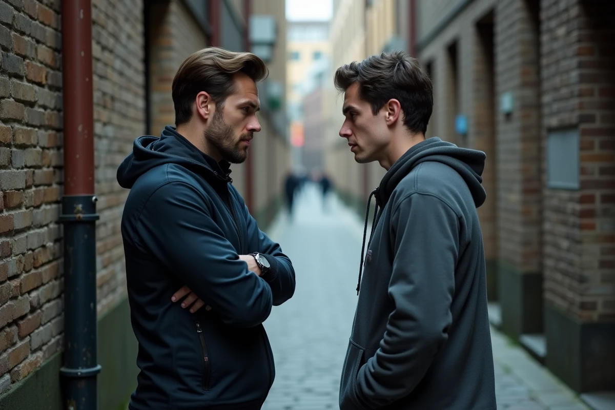 Deux amis face à face dans une ruelle urbaine, tension et trahison palpables entre deux hommes brouillés