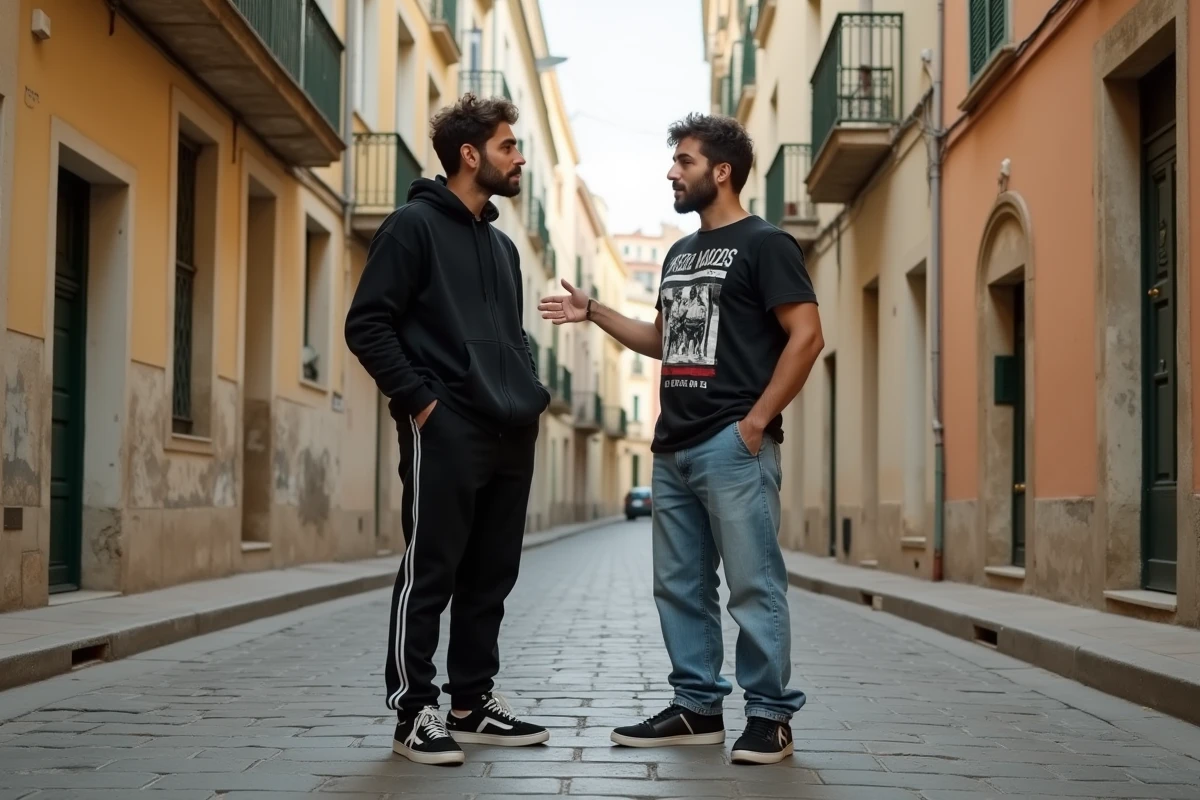 Deux rappeurs marseillais dans une ruelle du quartier du Panier, comparaison de styles vestimentaires et artistiques