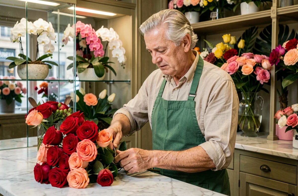 Didier Fabre dans sa boutique de fleurs en train de tailler des roses rouges sur un comptoir en marbre