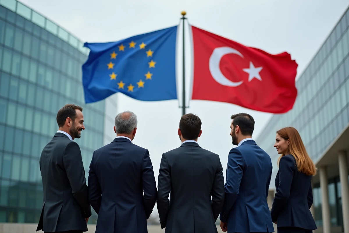 Diplomates devant les drapeaux de l'Union européenne et de la Turquie lors d'une réunion officielle sur l'adhésion turque à l'UE