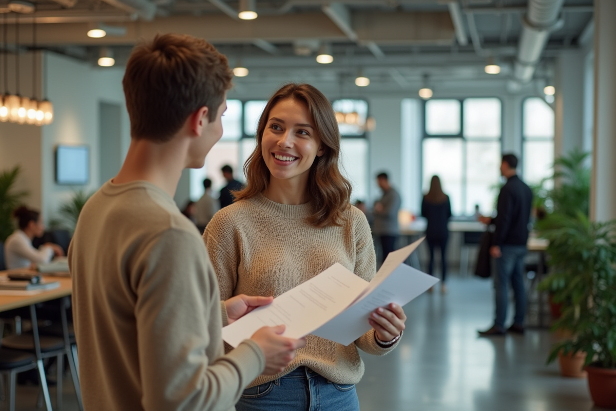 Jeune femme expliquant une traduction à un collègue