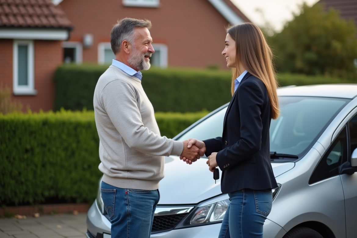 Homme et femme échangeant les clés d'une voiture dans une allée