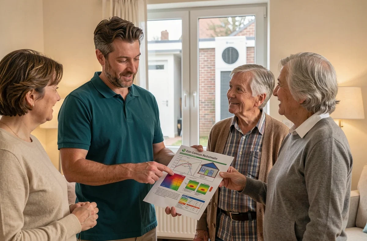 Conseiller d'Éco Énergie Habitat Creil présentant un audit de rénovation énergétique à des propriétaires