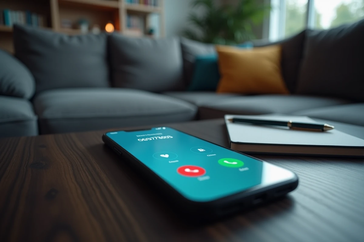 Écran de smartphone affichant un appel entrant d'un numéro indésirable 0683778003 sur une table en bois