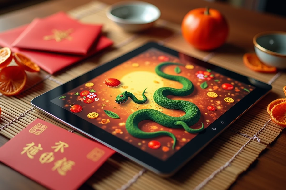 Écran de tablette affichant un jeu de serpent inspiré du Doodle Google pour l'Année du Serpent avec décorations du Nouvel An chinois