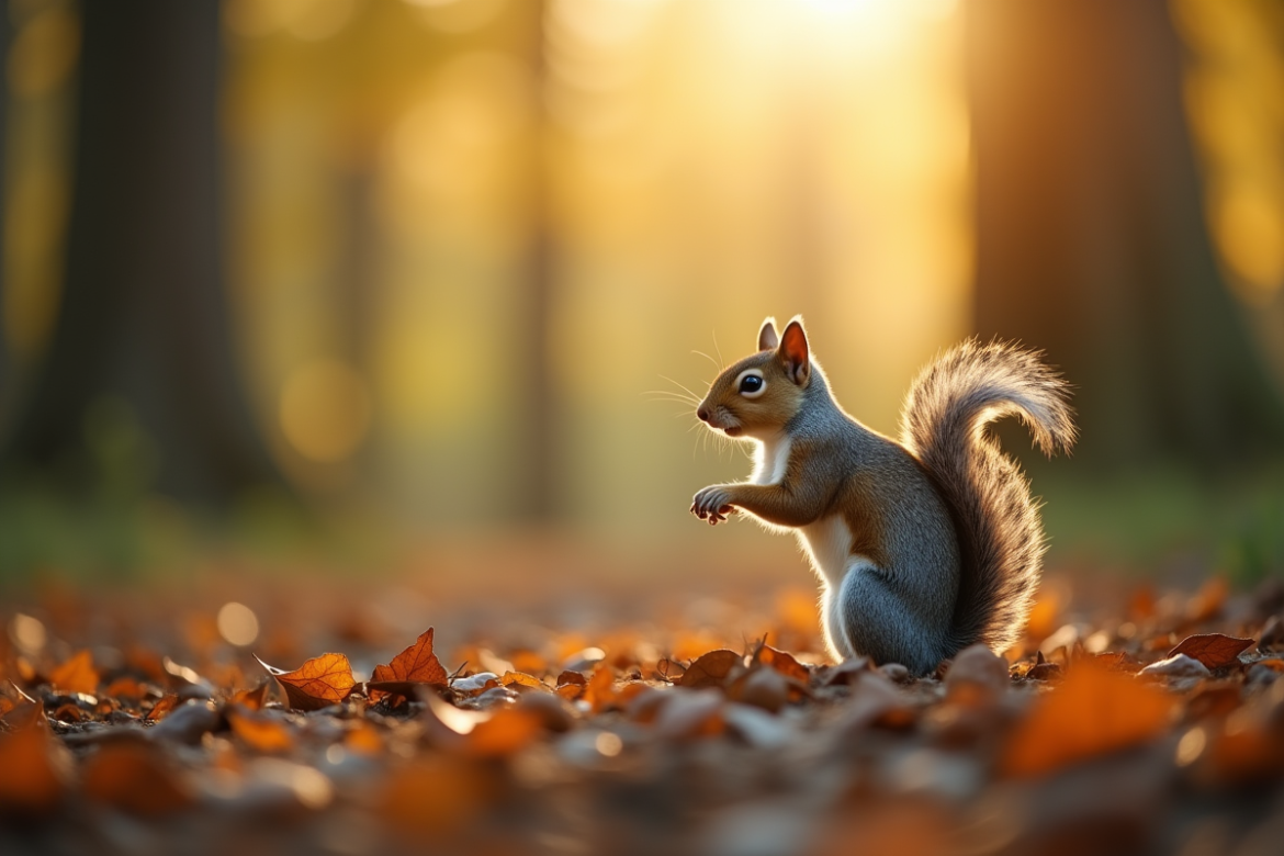 ecureuil debout dans une foret ensoleillee