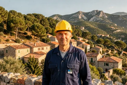 Électricien professionnel en Haute-Corse devant un village corse typique avec toits en tuiles et montagnes boisées