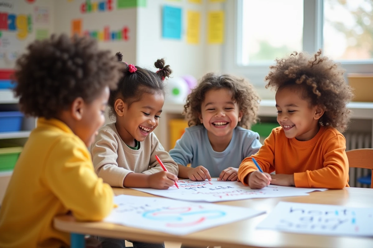 Enfants de trois à cinq ans dessinent ensemble dans la classe