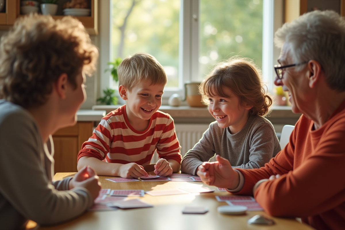 Enfants et grands jouant aux cartes à la cuisine