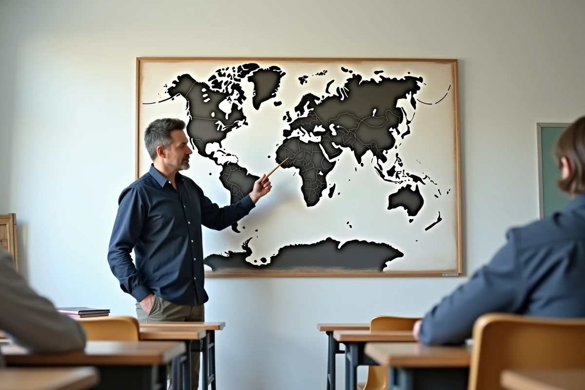 Enseignant en cartographie présentant une carte du monde vierge vectorielle affichée dans une salle de classe universitaire