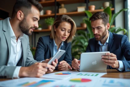 Equipe de professionnels analysant des graphiques colorés en réunion