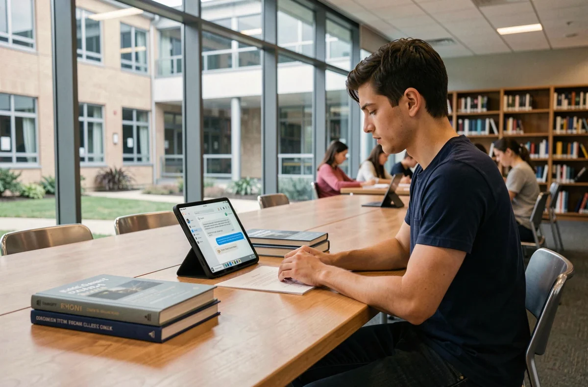 Étudiant consultant ChatGPT sur une tablette dans une bibliothèque universitaire moderne