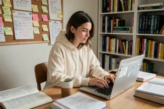Étudiante utilisant ChatGPT sur son ordinateur portable pour réviser ses cours dans une chambre universitaire