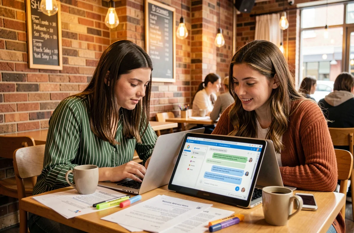 Deux étudiantes utilisant ChatGPT ensemble dans un café pour préparer leurs fiches de révision