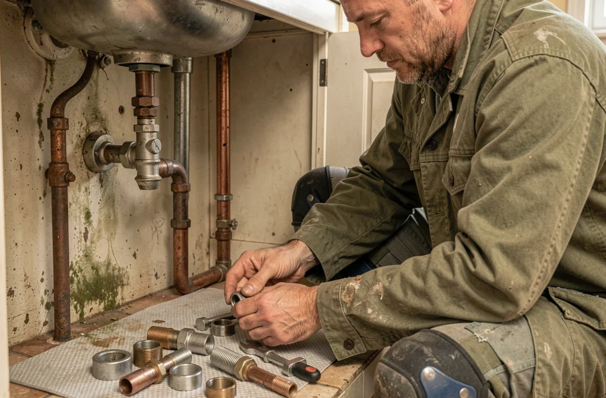 Artisan de EURL Proplomb remplaçant des canalisations sous un évier dans une maison ancienne