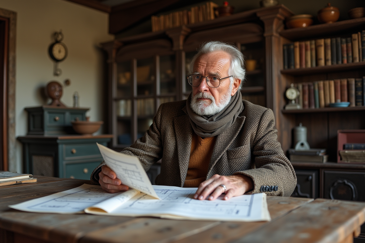 Homme étudiant des plans architecturaux dans un intérieur ancien