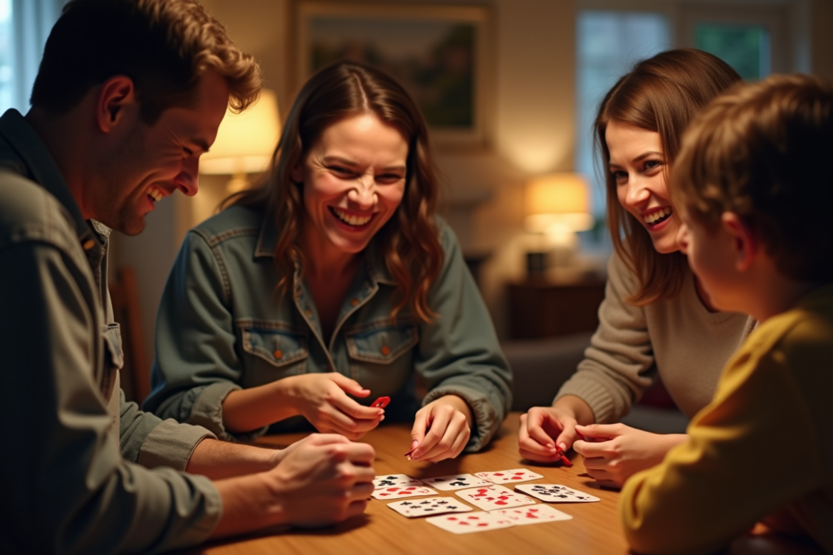 Famille heureuse jouant aux cartes à la maison