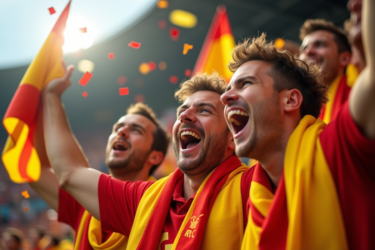 Supporters du RC Lens en liesse dans les tribunes ensoleillees