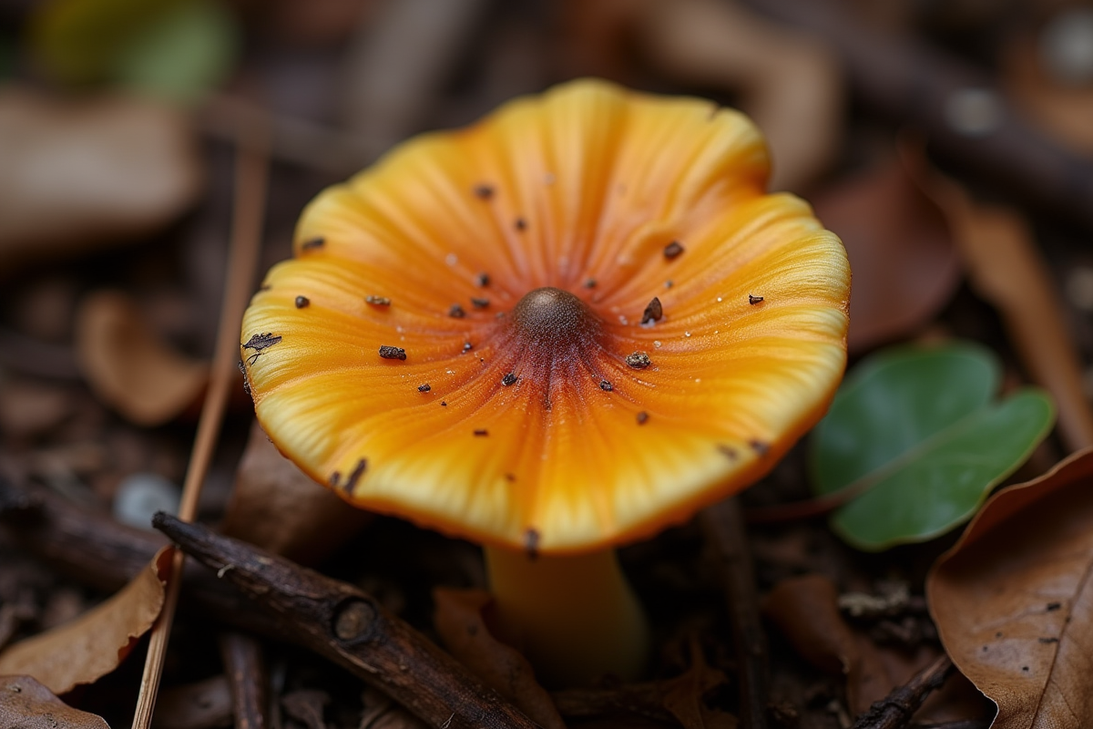 Gros plan sur une fausse chanterelle avec ses lamelles visibles