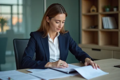 Femme d affaires en costume navy dans un bureau élégant