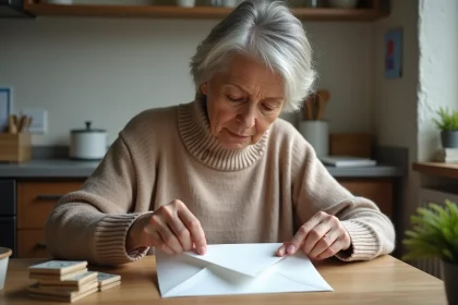 Femme dans une cuisine posant un timbre sur une enveloppe