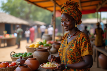 Femme africaine en tenue traditionnelle préparant un plat