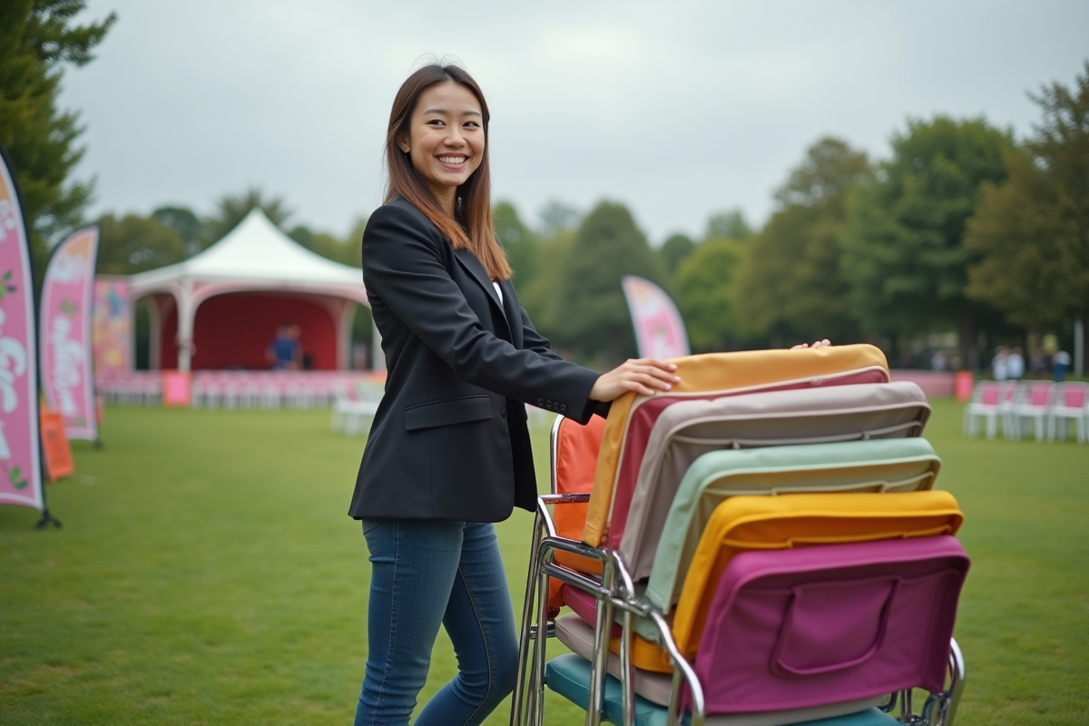 Jeune femme souriante arrangeant des chaises colorées en extérieur