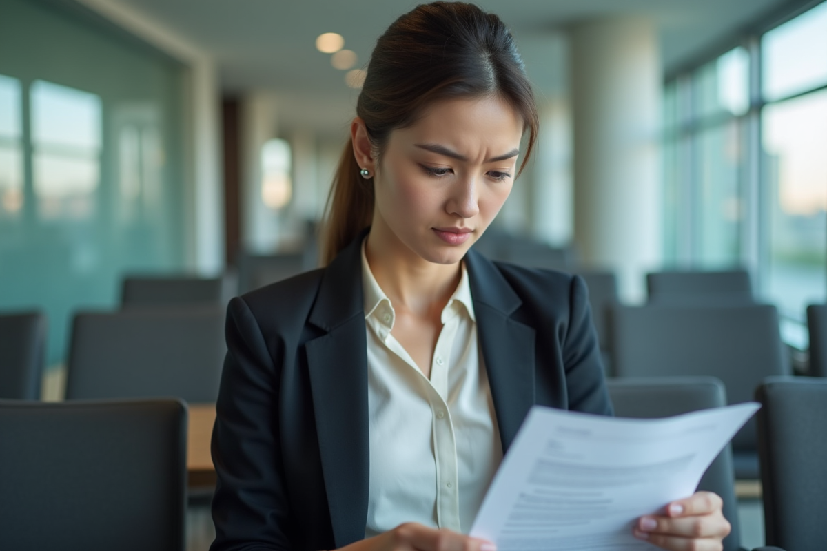 Jeune femme lisant un avis officiel dans une salle d
