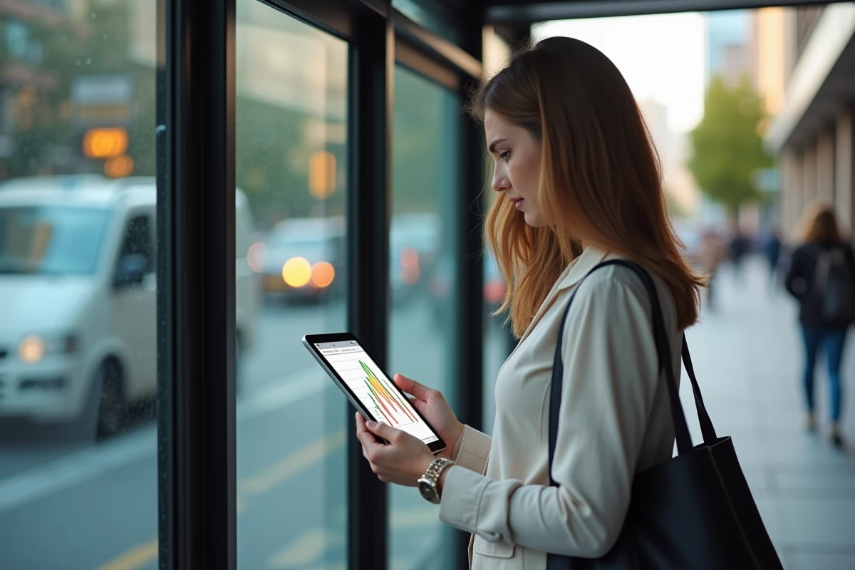 Jeune femme lisant des nouvelles financières sur un tablet en extérieur