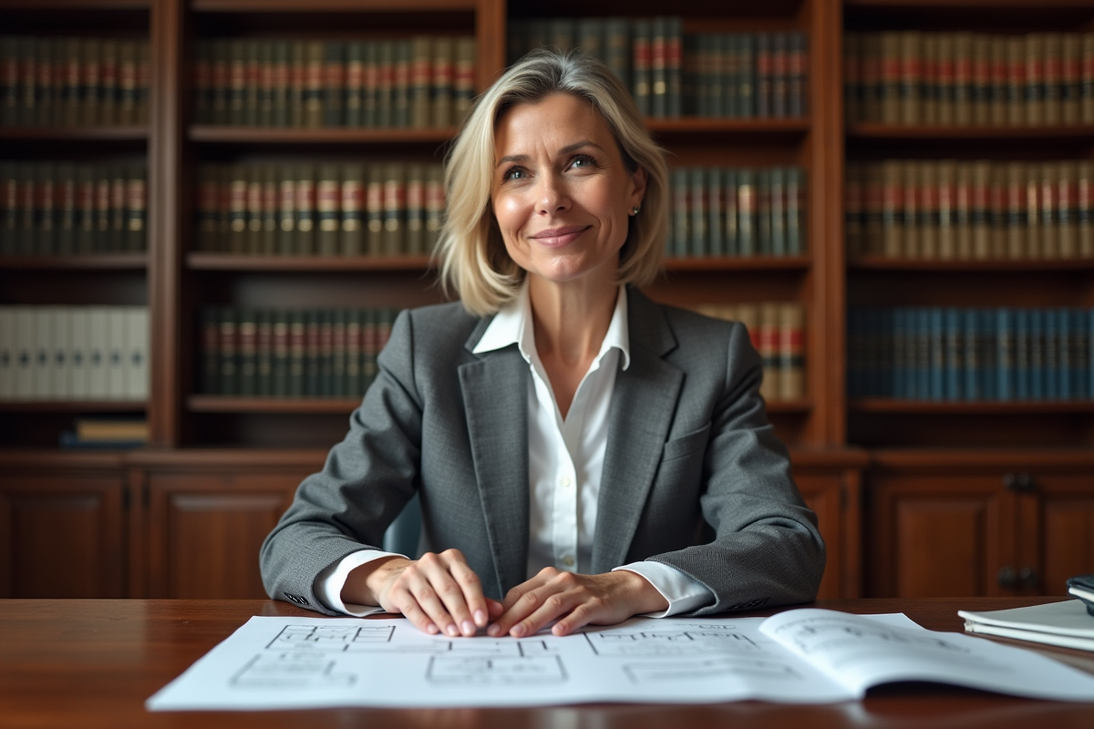 Femme avocat examinant un plan immobilier dans un bureau