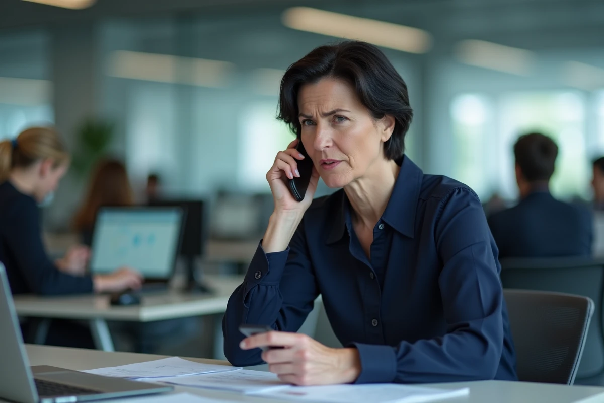 Femme au bureau recevant un appel téléphonique non sollicité et vérifiant le numéro inconnu