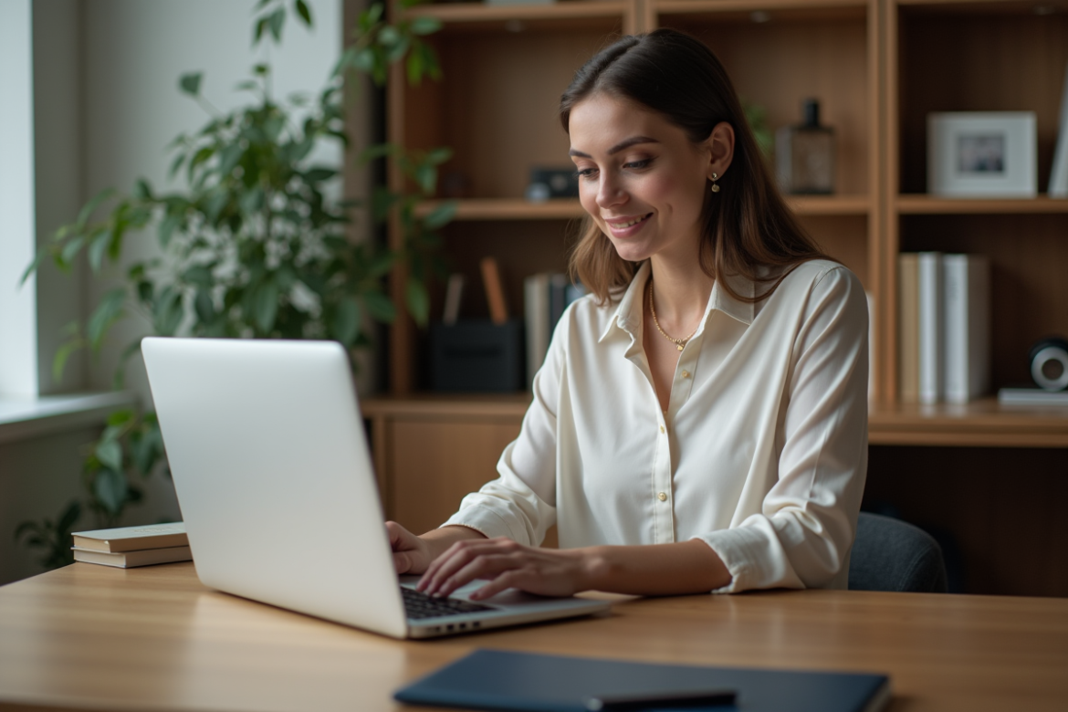 Jeune femme au bureau travaillant sur un ordinateur portable