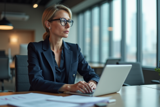 Femme en costume navy dans un bureau moderne