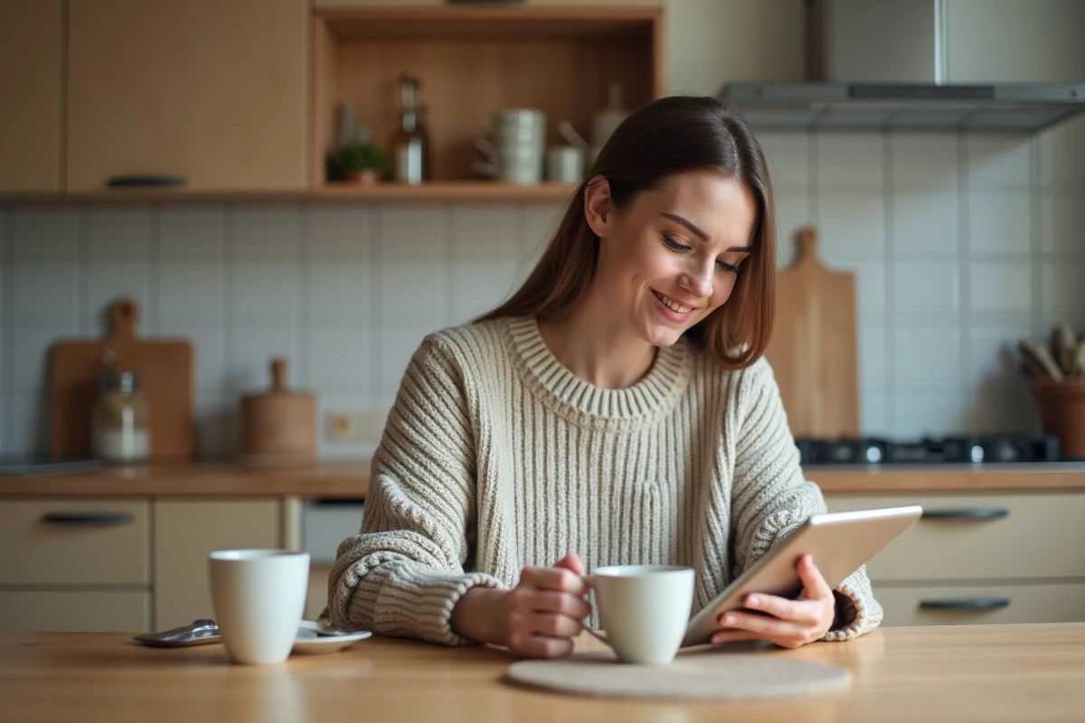 Femme lisant le mot de passe CodyCross dans une cuisine chaleureuse